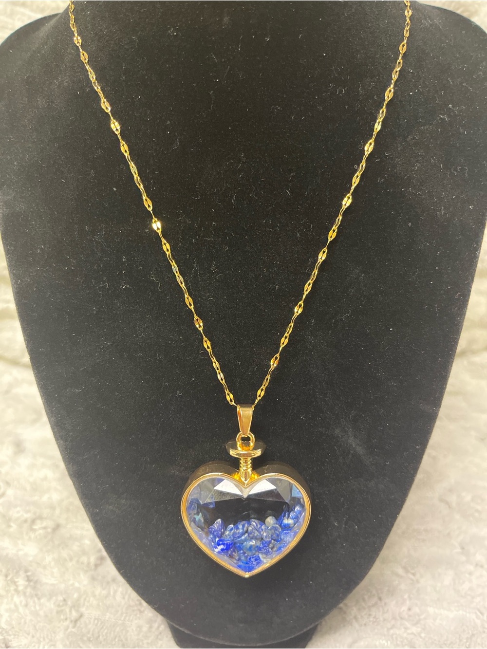 Sealed Lapis Lazuli Heart Vessel Crystal Glass Pendant w/Stainless Steel Chain